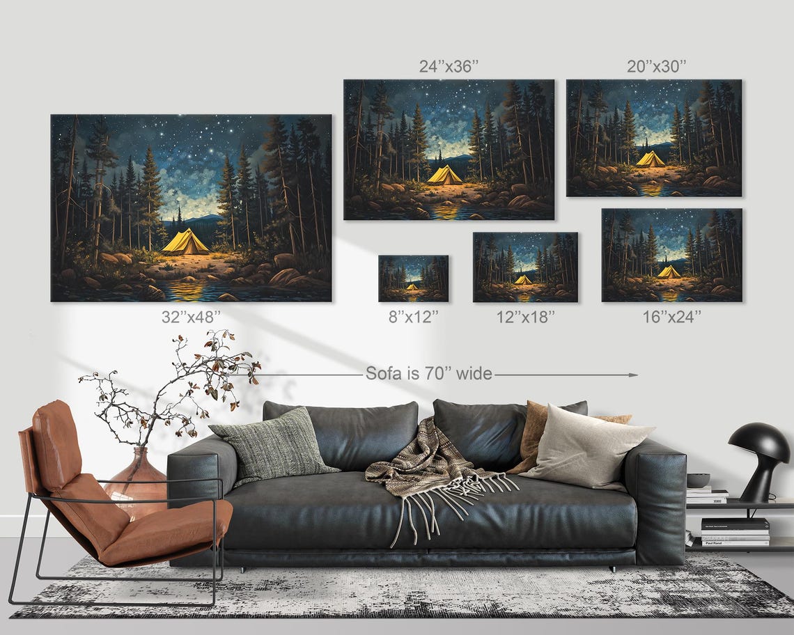 Starry Night Camping Scene Tent Beside River Forest Wall Art - Image 3