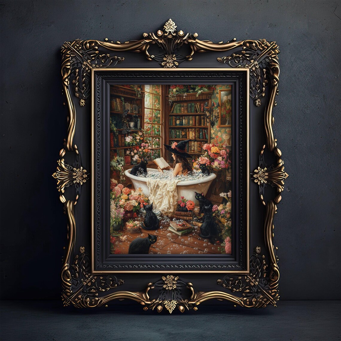 Witch Reading in Bathtub with Black Cats Art Print - Image 4