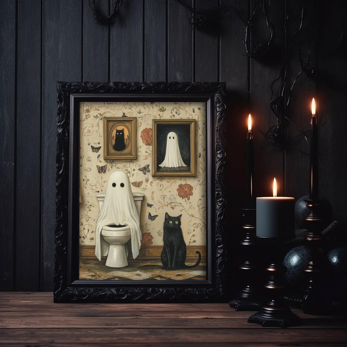 Ghost And Cat Bathroom Poster Print, Whimsical Pet Art - Image 3