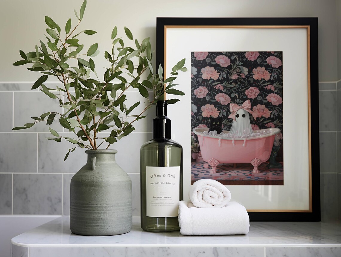 Girl Ghost And Black Cat In Bathtub Art Print - Image 3