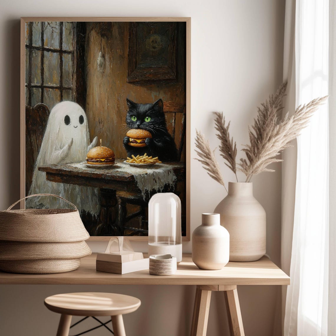 Ghost and Black Cat Eating Cheeseburgers and Fries at a Table Poster - Image 3
