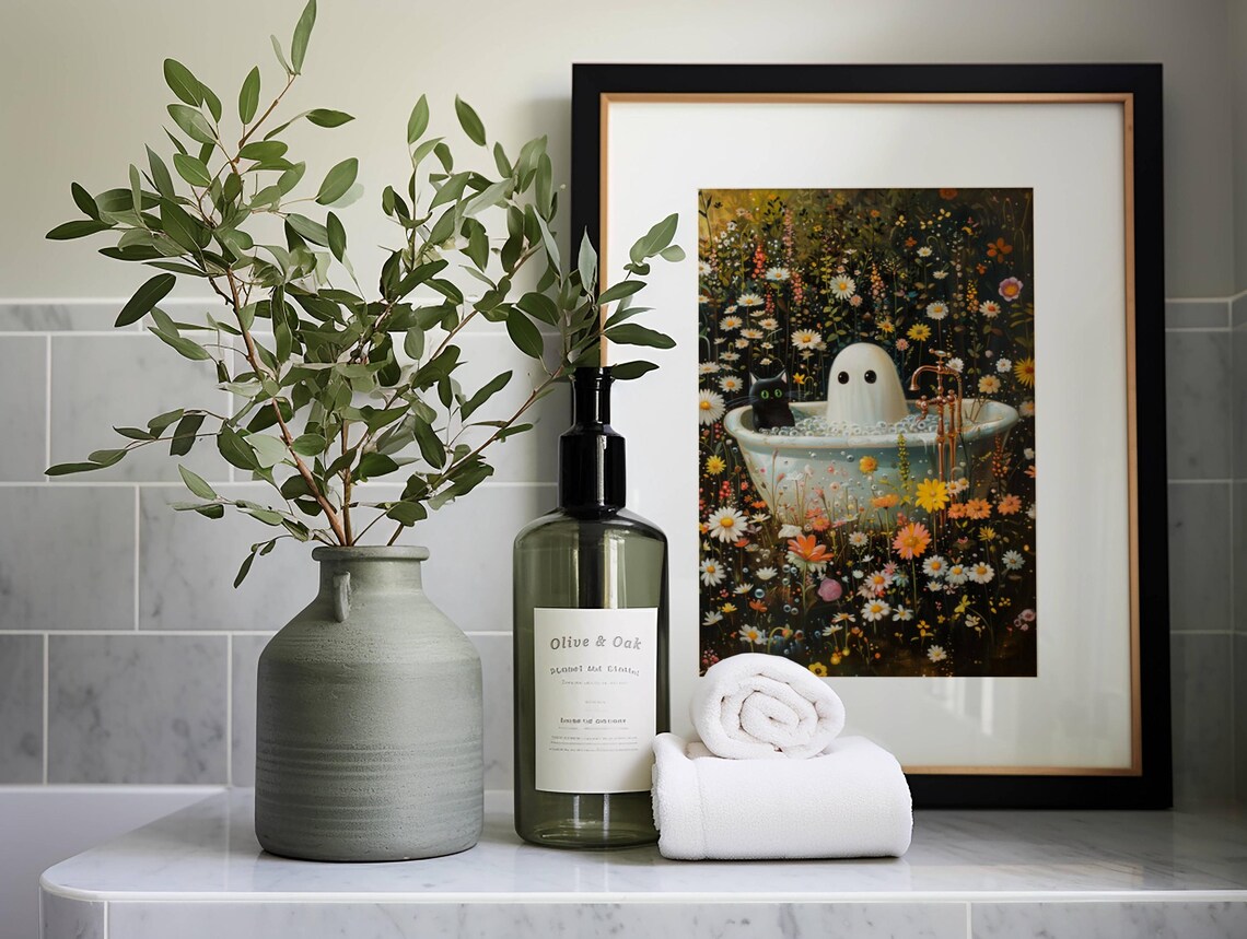 Ghost And Cat In Bathtub, Whimsigoth Halloween Art Print - Image 2
