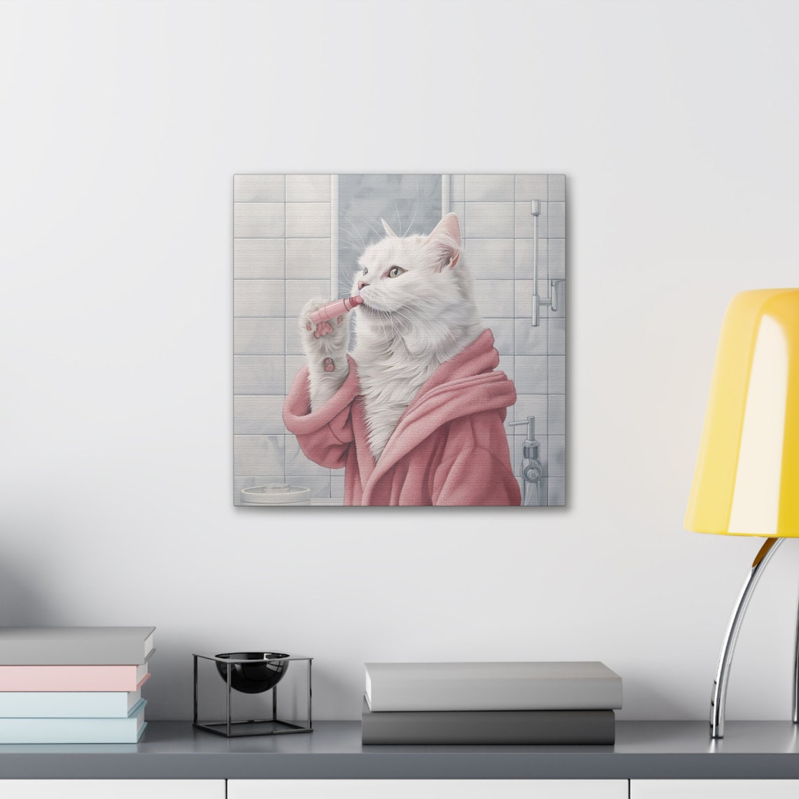 White Cat in Pink Bathrobe Applying Lipstick Bathroom Poster - Image 3