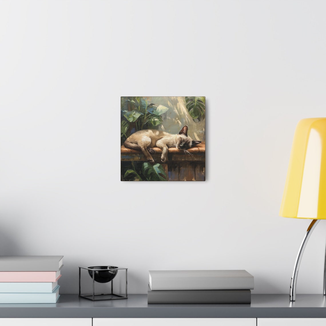 Sleeping Siamese Cat on a Wooden Bench Surrounded by Monstera Poster - Image 5