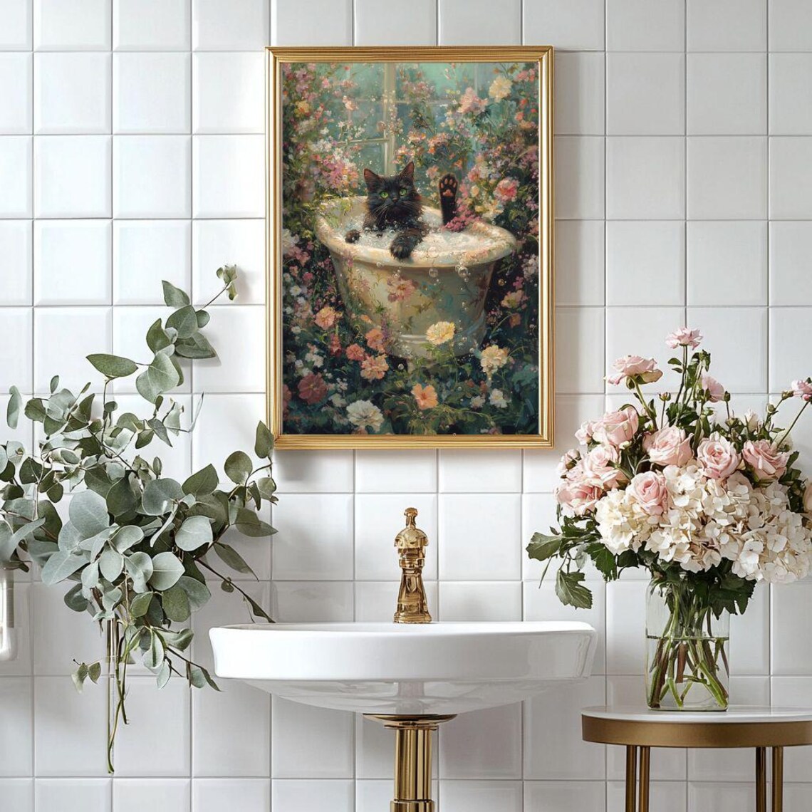 Black Cat In Garden Bubble Bath, Floral Cat Art Print - Image 6
