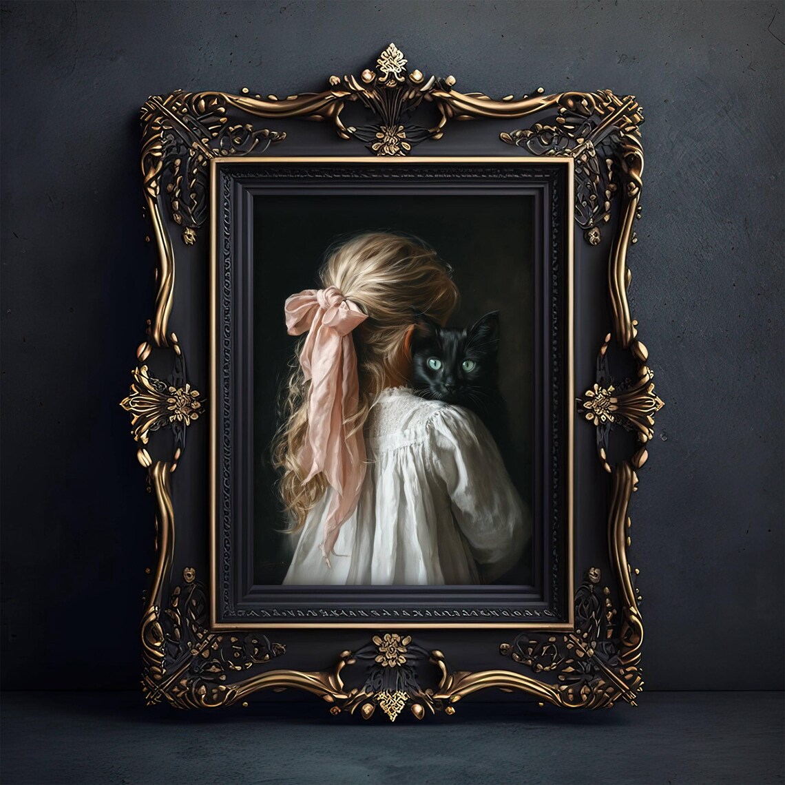 Coquette Girl and Black Cat, Victorian Style Art Print