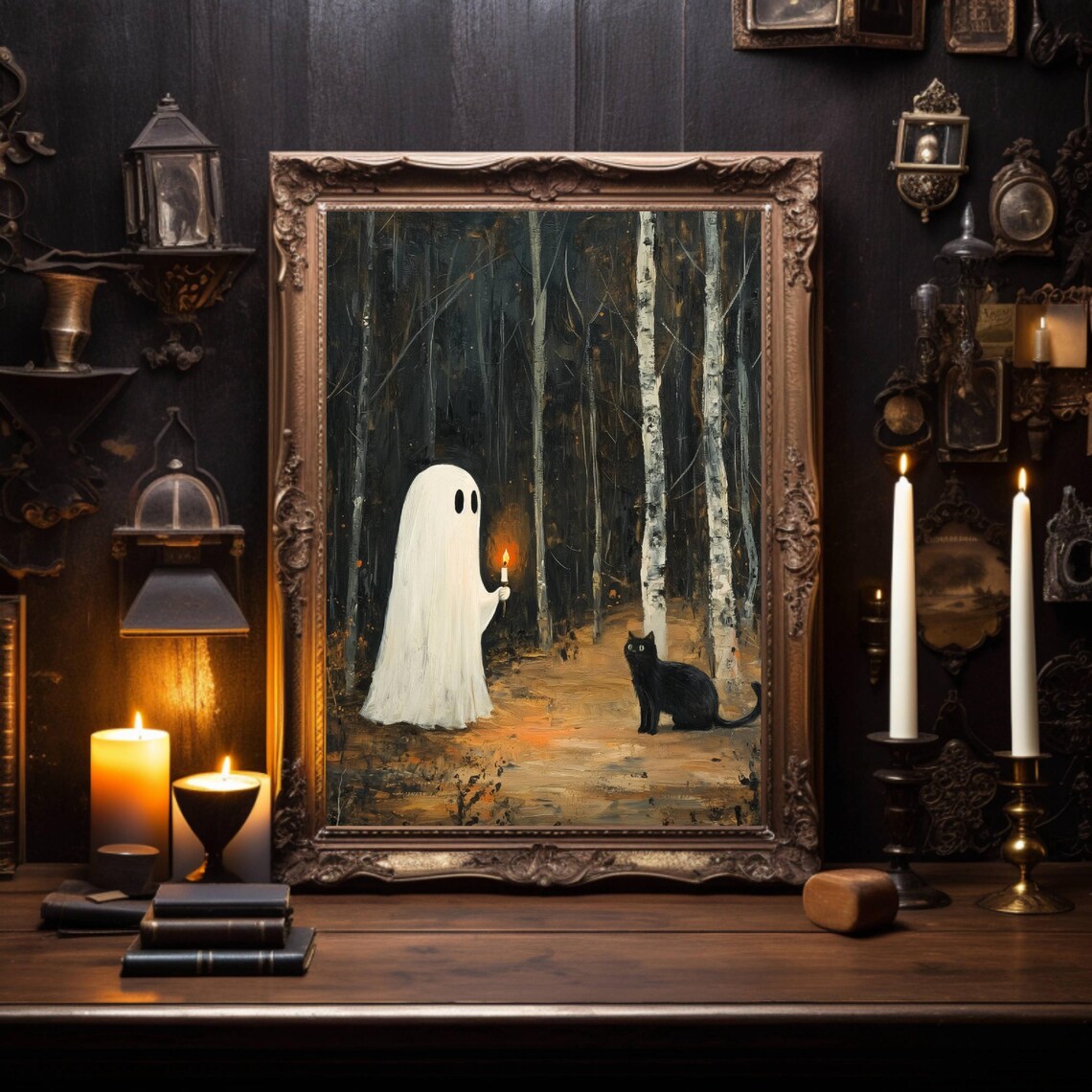 Black Cat And Ghost In Forest, Whimsigoth Art Print - Image 6