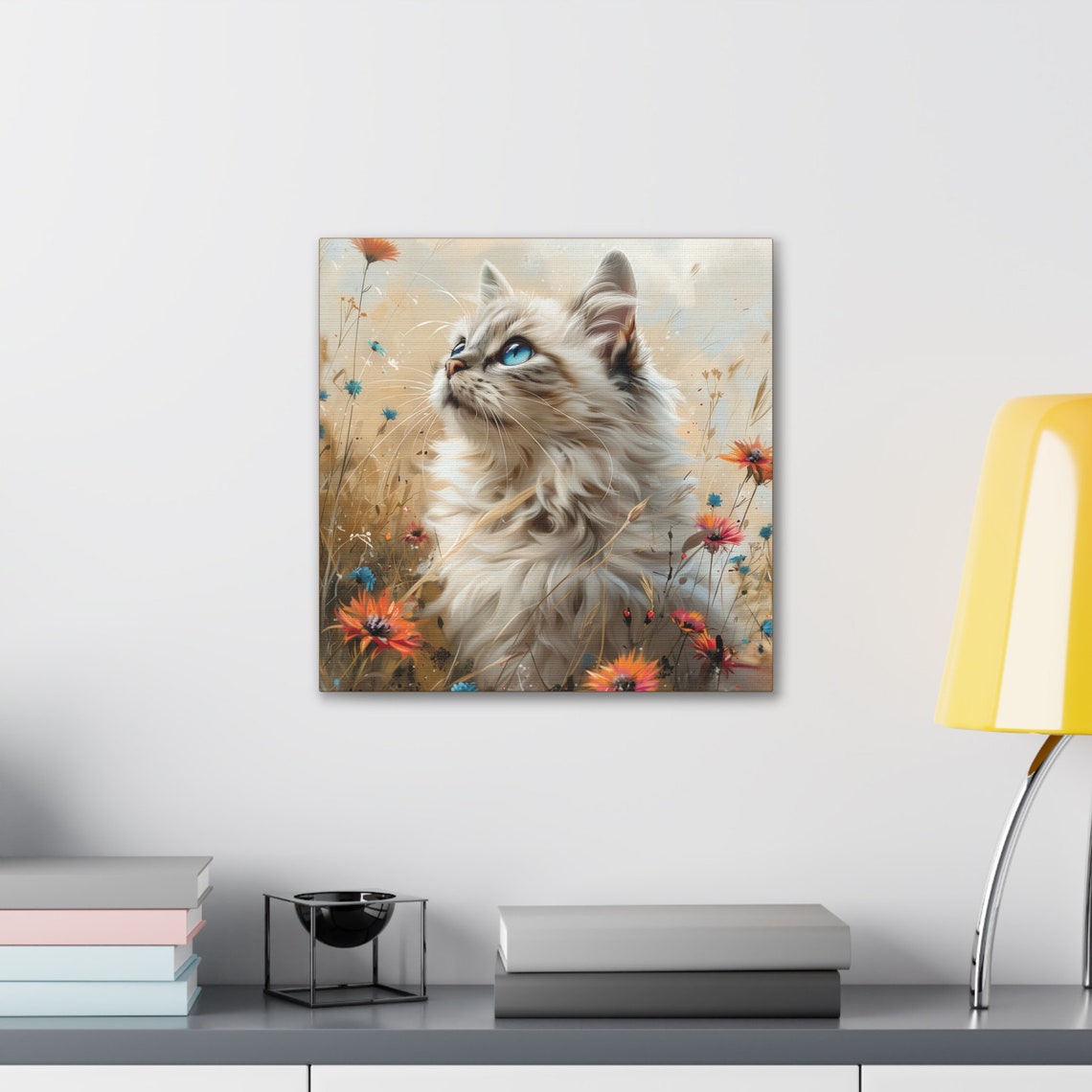 Blue Eyed Fluffy White Cat in a Wildflower Meadow Scene Poster - Image 3