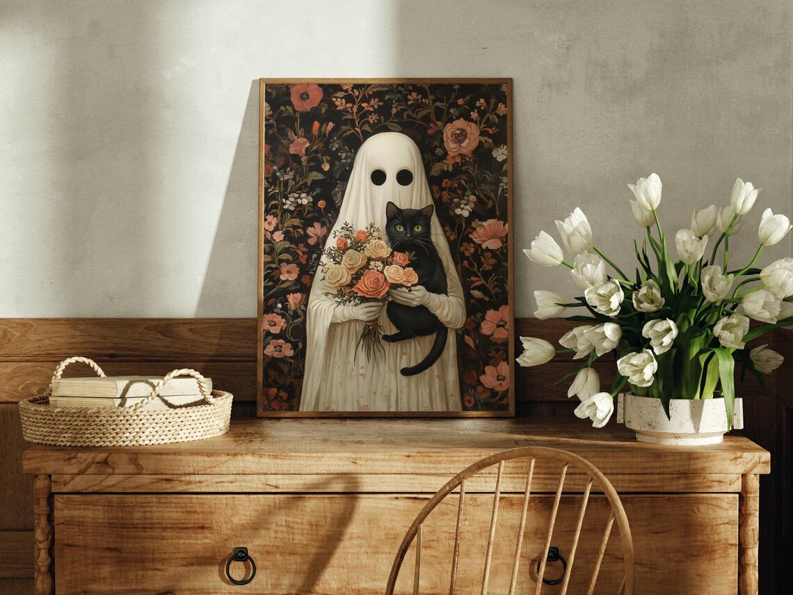 Ghost And Black Cat With Rose Bouquet, Whimsigoth Poster - Image 7