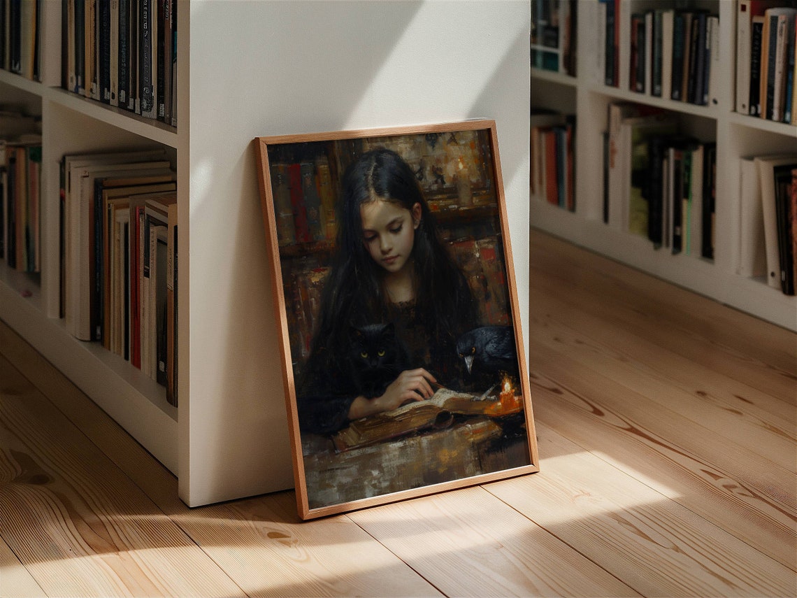 Girl Reading by Candlelight With a Black Cat and Crow Poster - Image 7