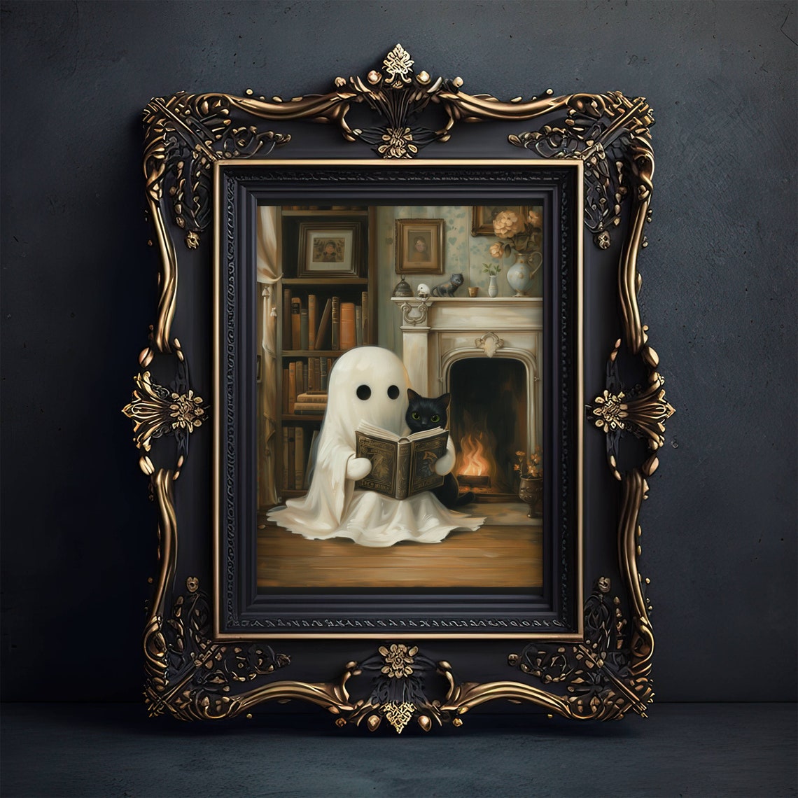 Cute Ghost Reading a Book With Black Cat by the Fireplace Poster - Image 6