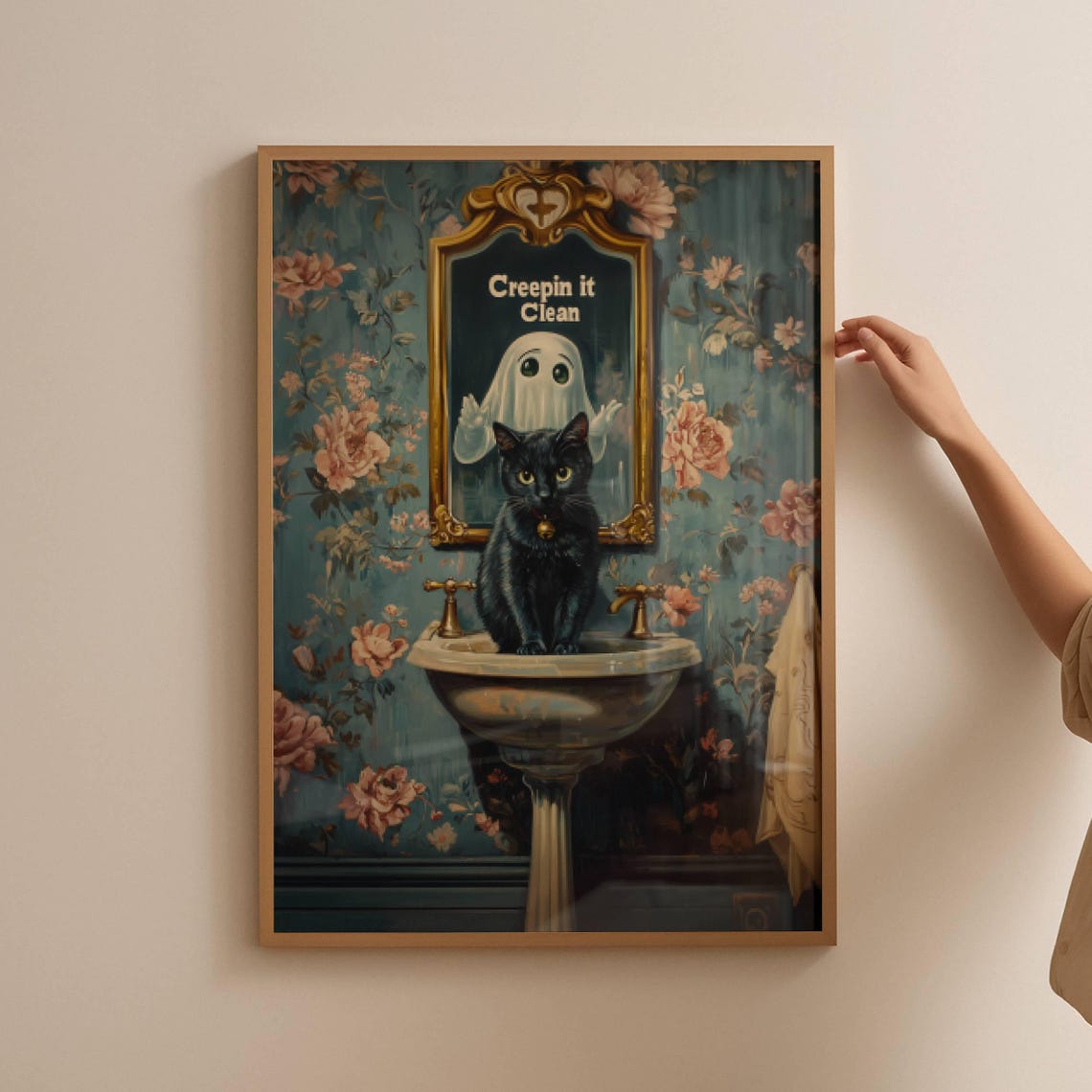 Creepin It Clean Ghost and Black Cat in a Floral Bathroom Poster - Image 4