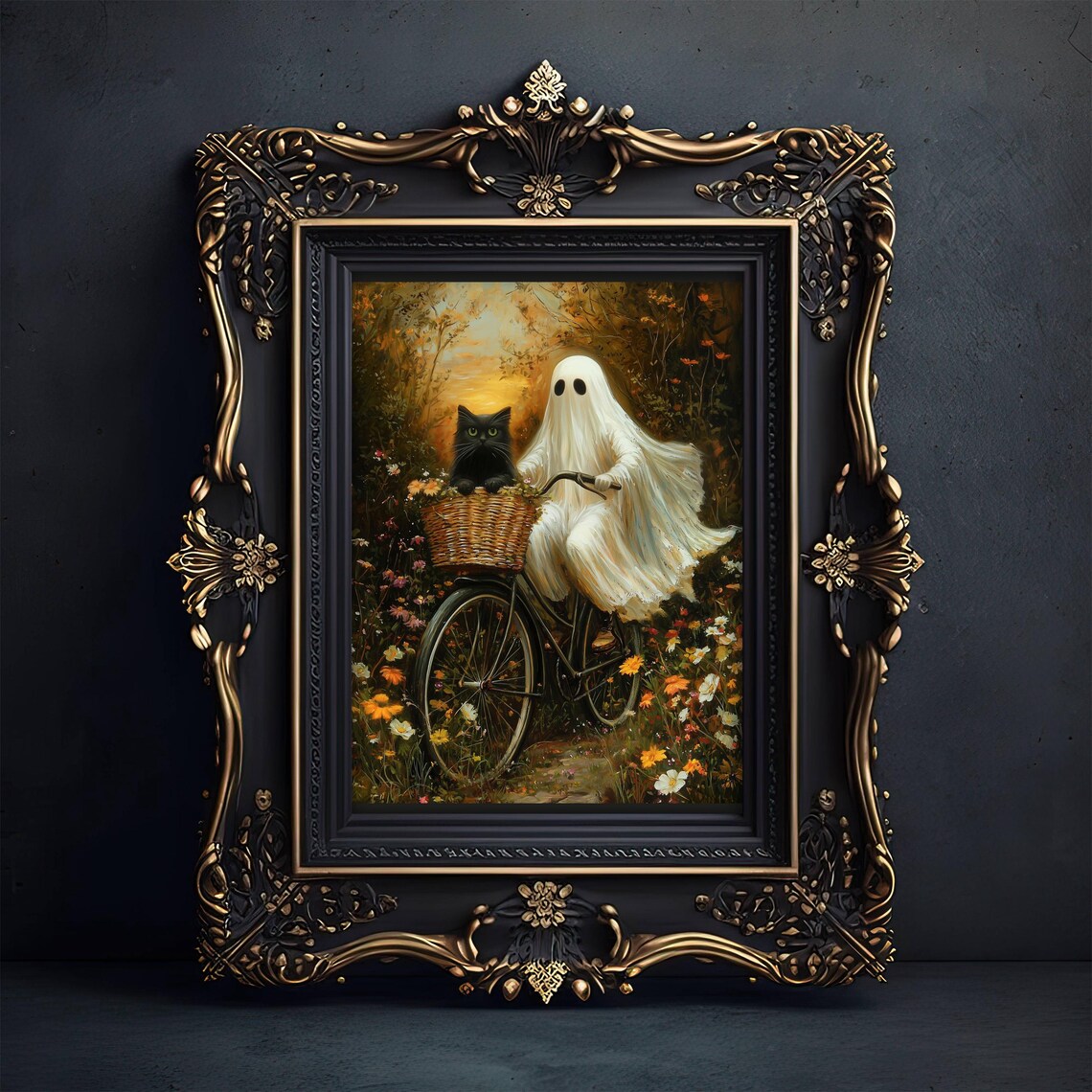 Ghost Riding a Bike With Cat, Whimsigoth Halloween Art Print - Image 2