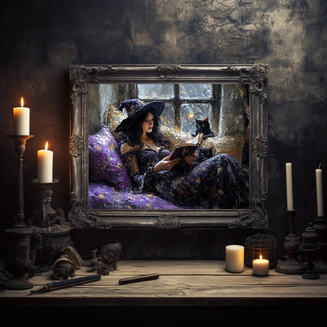 Witch Reading a Spell Book with Two Black Cats by Candlelight Poster