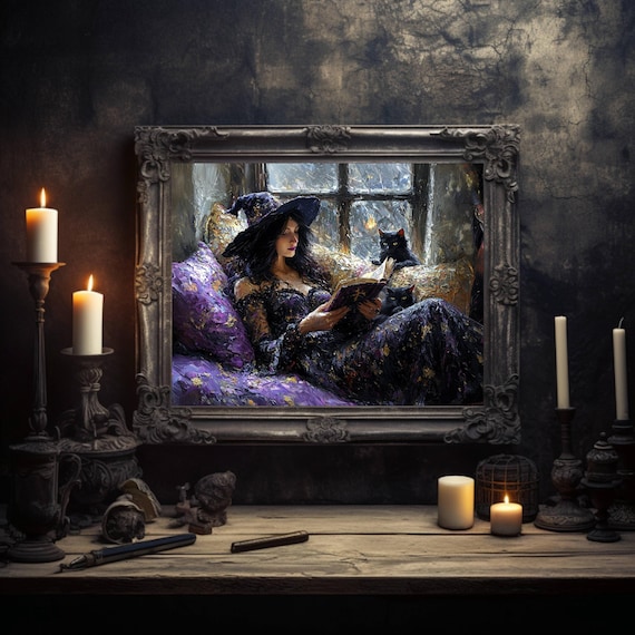 Witch Reading a Spell Book with Two Black Cats by Candlelight Poster