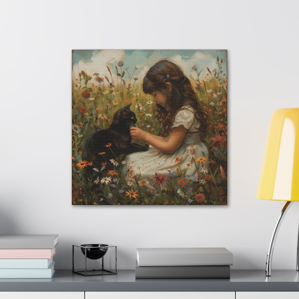 Little Girl and Black Cat in Wildflower Meadow Oil Painting Poster - Image 3