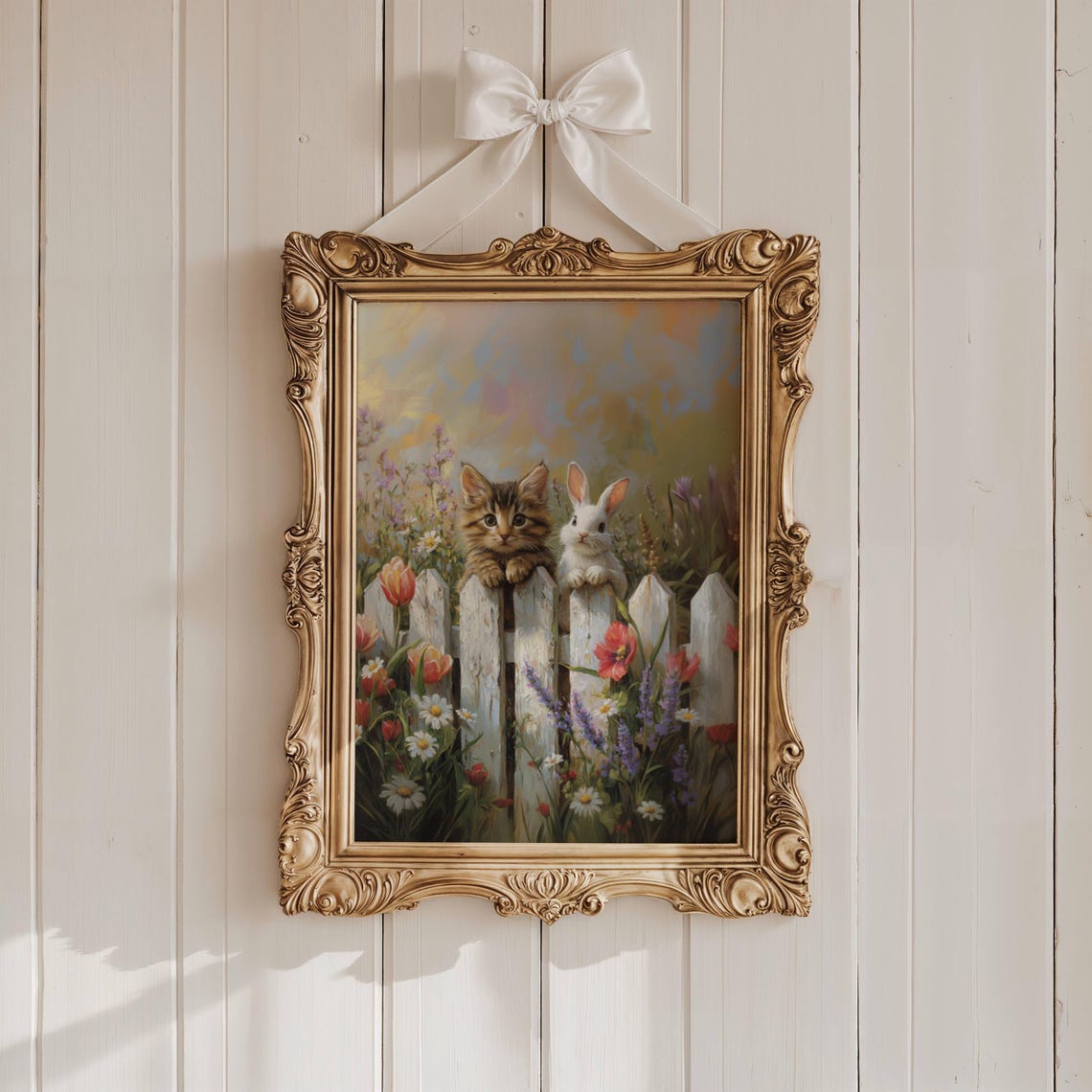 Tabby Kitten and Bunny Peeking Over a Picket Fence Spring Poster - Image 7