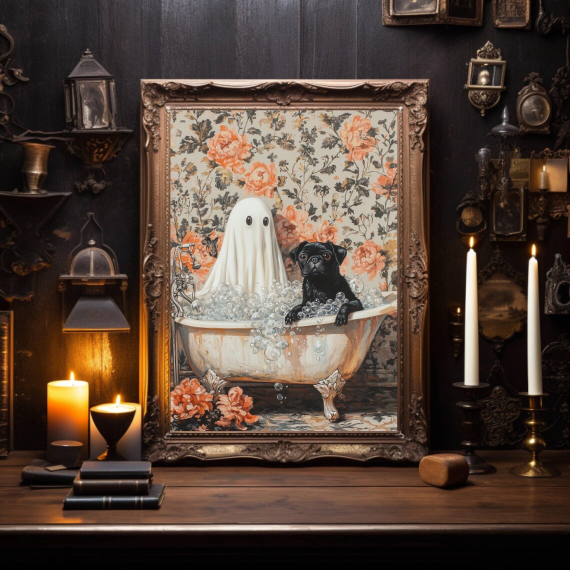 Ghost And Black Pug In Bathtub Wall Art Print - Image 2
