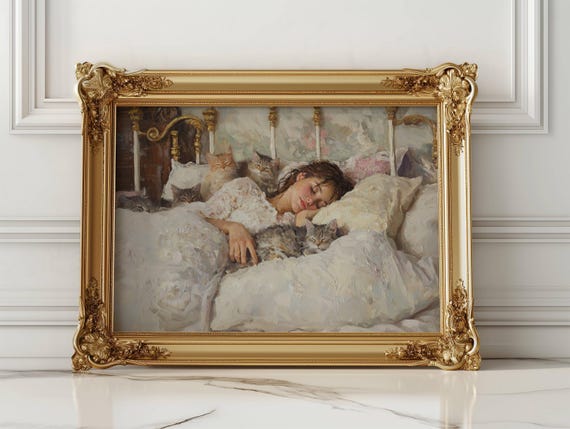 Woman Napping With Her Cats, Cat Lover Art Print