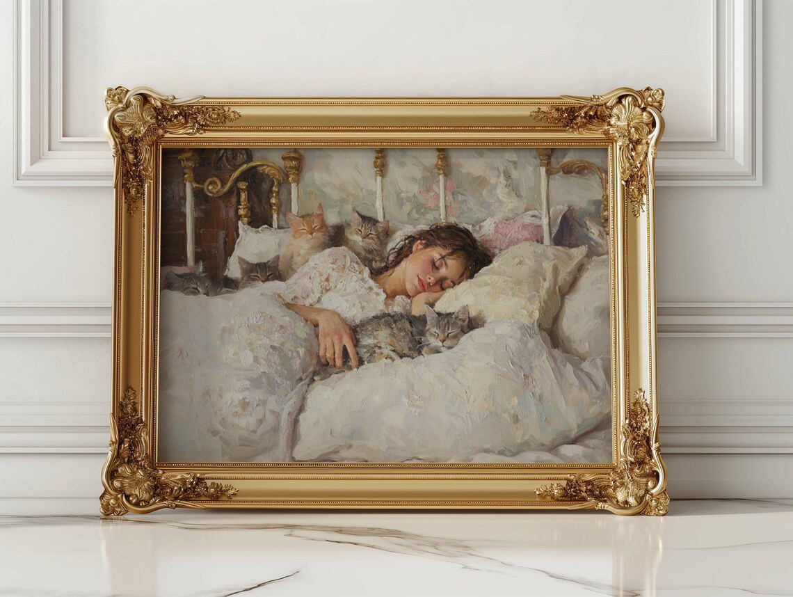 Woman Napping With Her Cats, Cat Lover Art Print