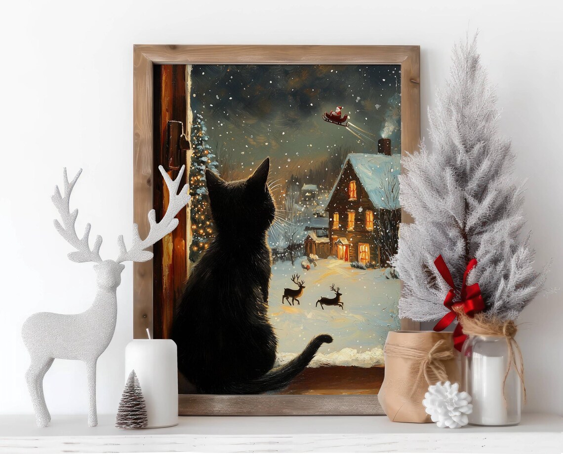 Black Cat Christmas Art Print, Holiday Wall Decor - Image 2
