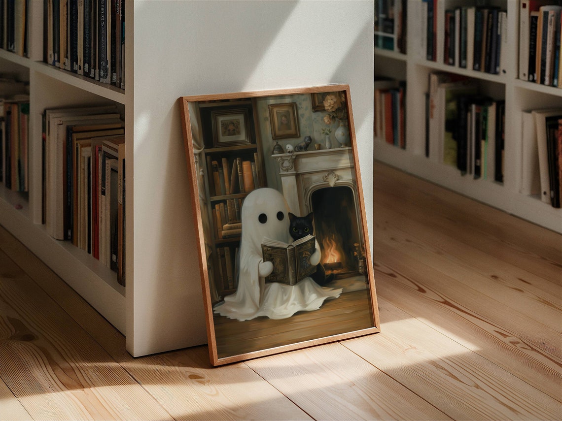 Cute Ghost Reading a Book With Black Cat by the Fireplace Poster - Image 7