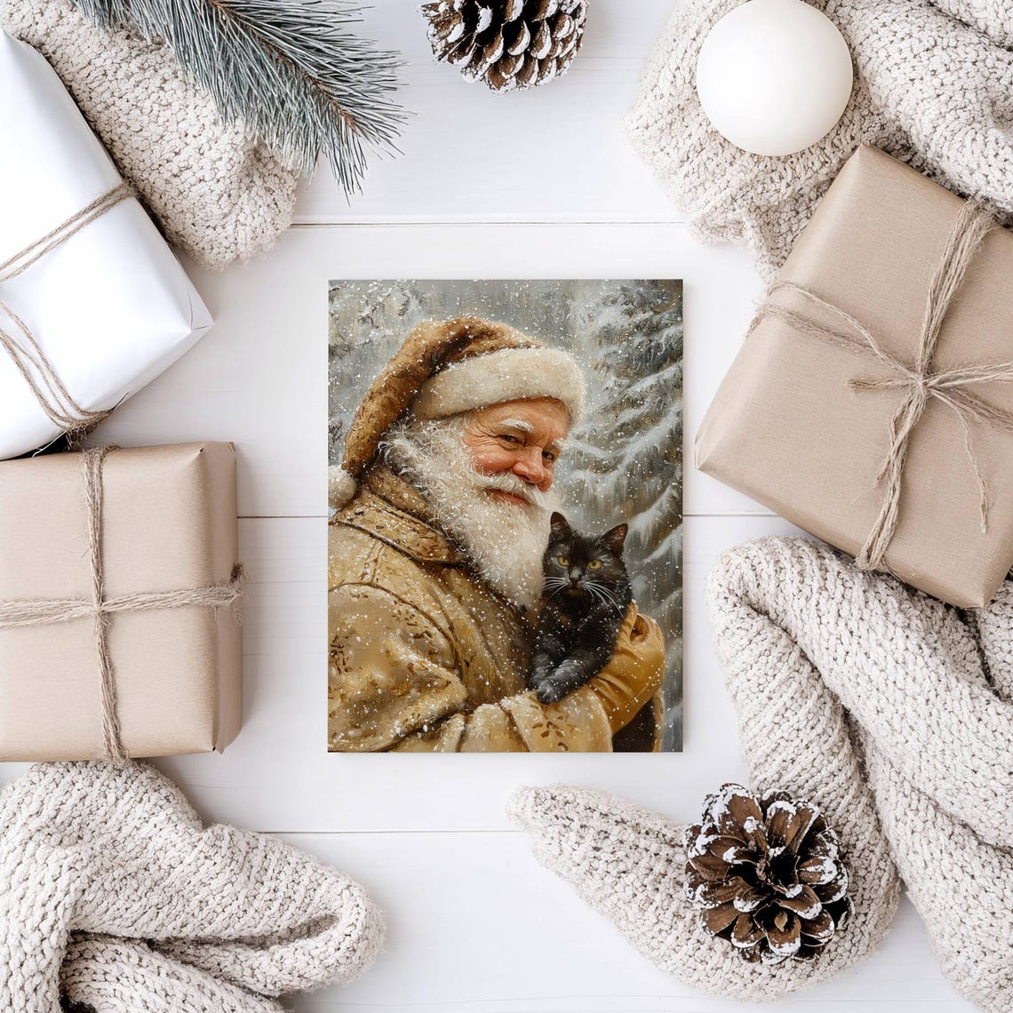 Santa Claus Gently Holding a Black Cat in a Snowy Winter Forest Poster - Image 6