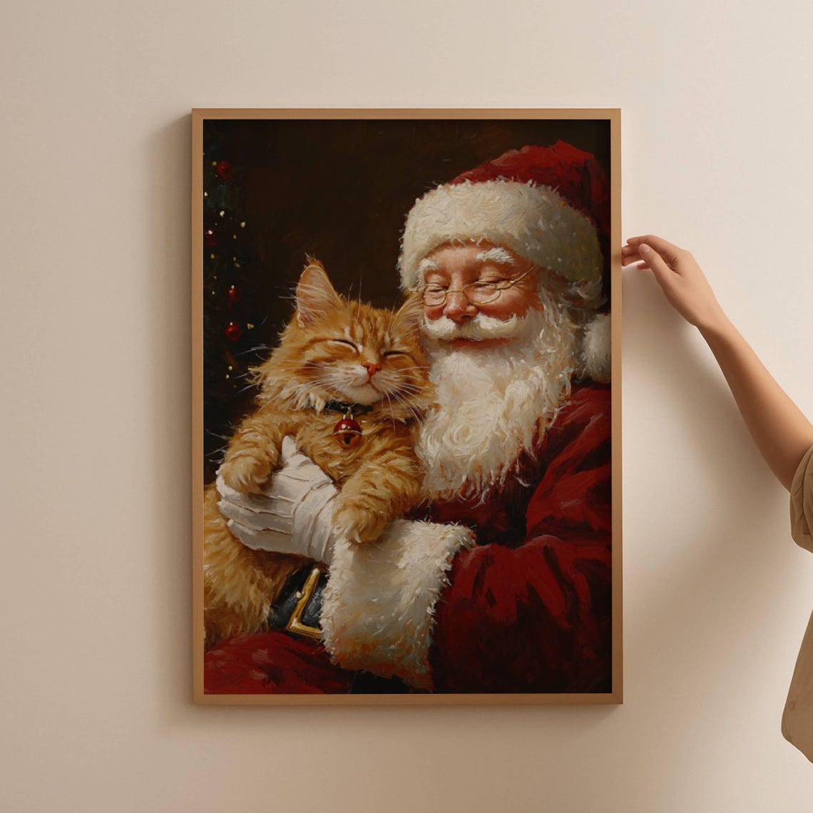 Santa Claus Hugging A Happy Ginger Tabby Cat Christmas Oil Poster - Image 2