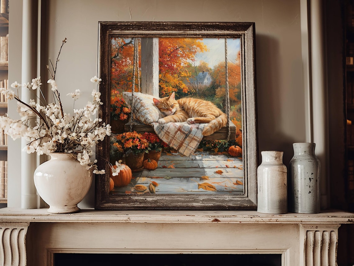 Autumn Ginger Cat On Porch Swing Art Print