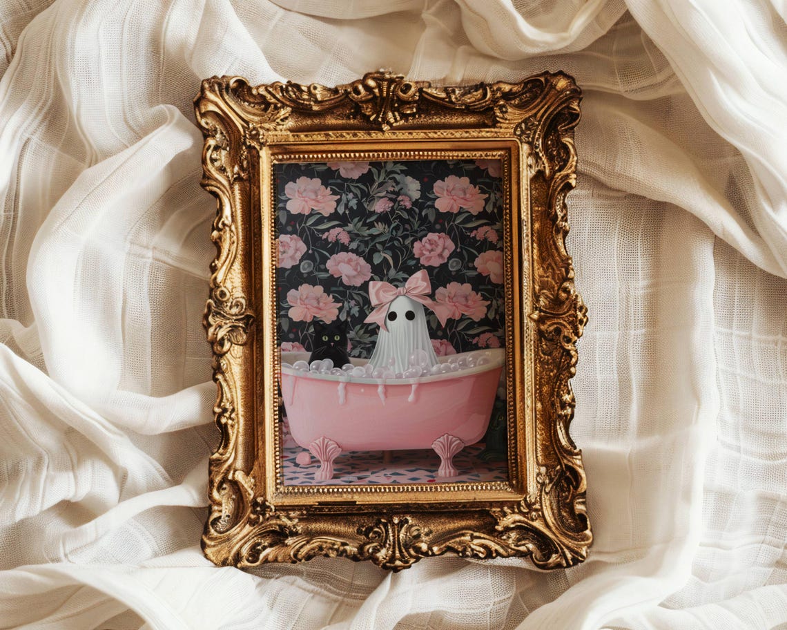 Ghost With a Pink Bow and Black Cat in a Pink Bubble Bath Poster - Image 7