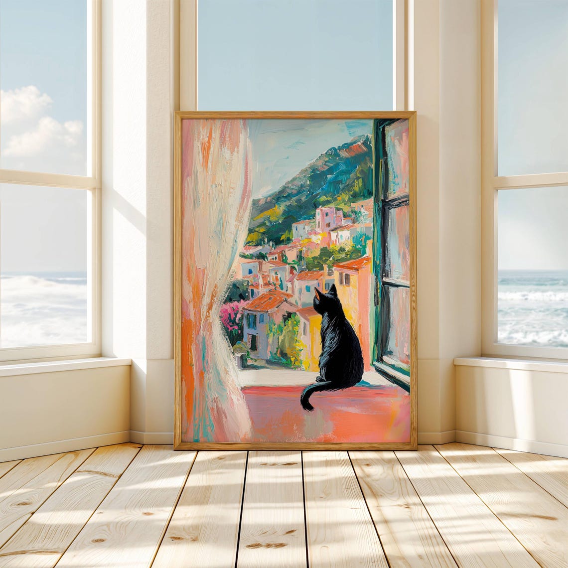 Black Cat on a Windowsill Above a Colorful Coastal Town View Poster - Image 5