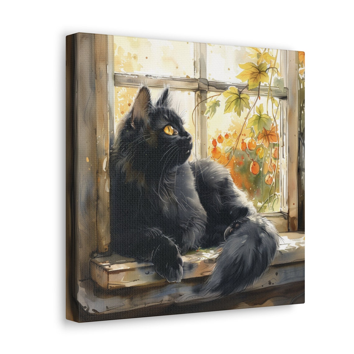 Black Cat Resting on an Autumn Window Sill With Leaves Poster - Image 4