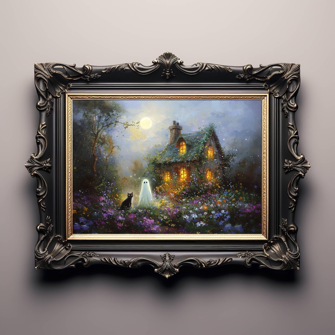 Black Cat and Ghost Cottage, Whimsigoth Art Print - Image 7