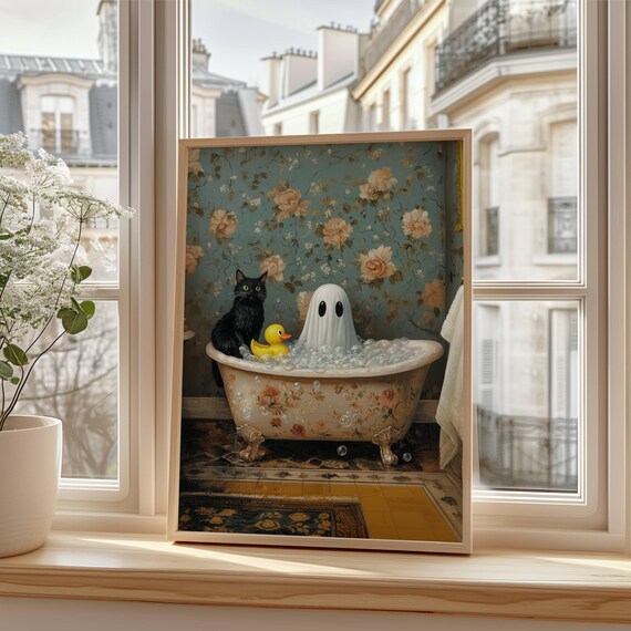 Black Cat Ghost and Rubber Duck in a Vintage Bubble Bath Poster