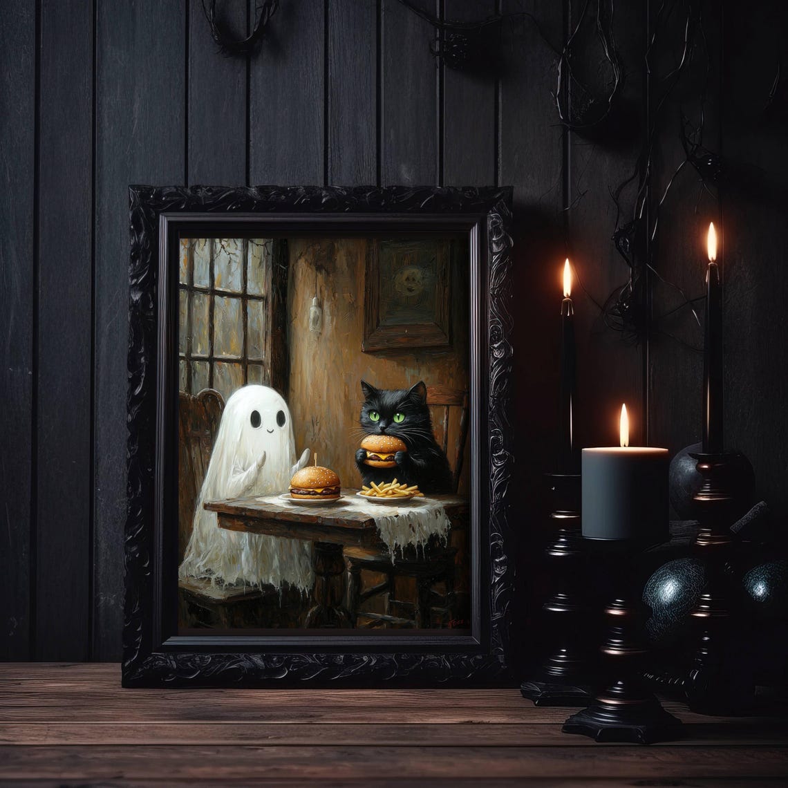 Ghost and Black Cat Eating Cheeseburgers and Fries at a Table Poster - Image 6