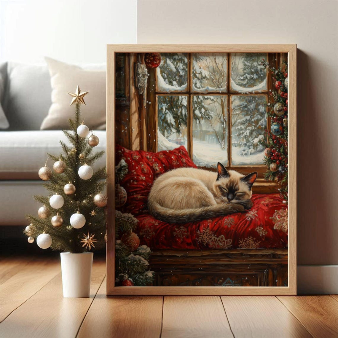 Siamese Cat Sleeping by a Snowy Christmas Window Cozy Holiday Poster - Image 5