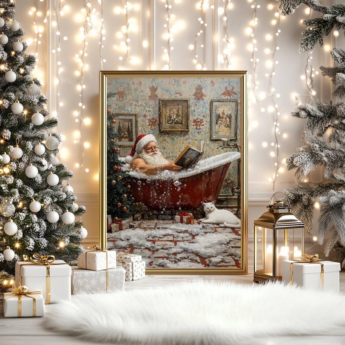 Santa Claus Reading In Bathtub Christmas Poster Print - Image 2