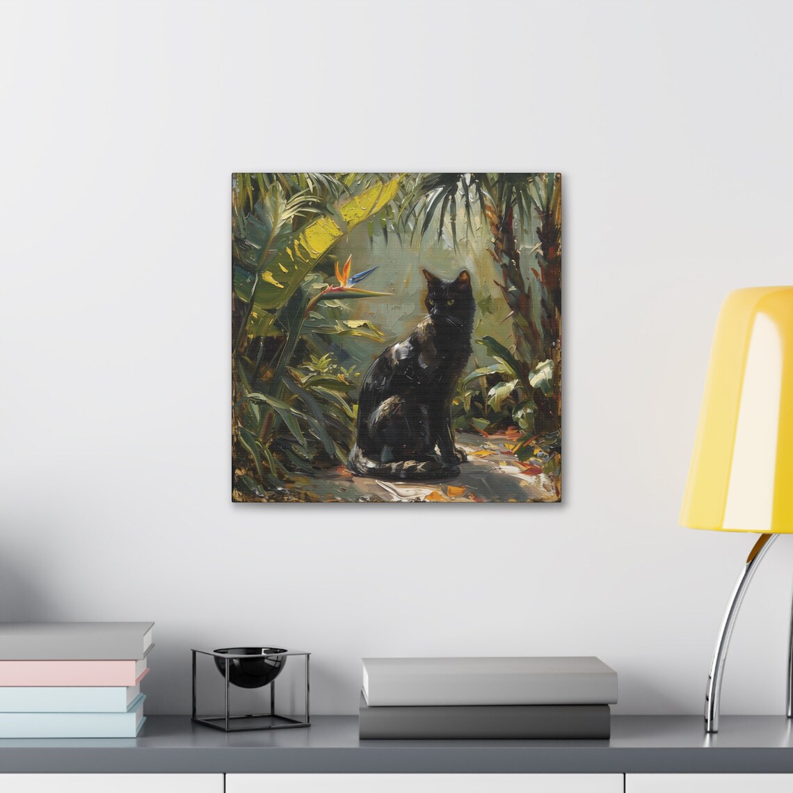 Black Cat in Tropical Garden Bird of Paradise Feline Oil Painting Poster - Image 5