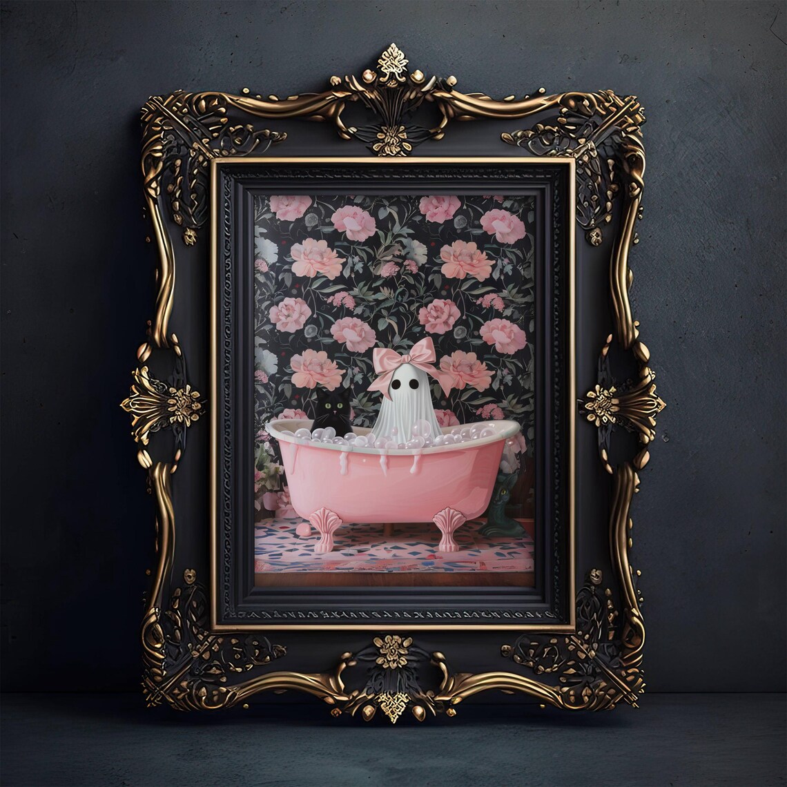 Girl Ghost And Black Cat In Bathtub Art Print