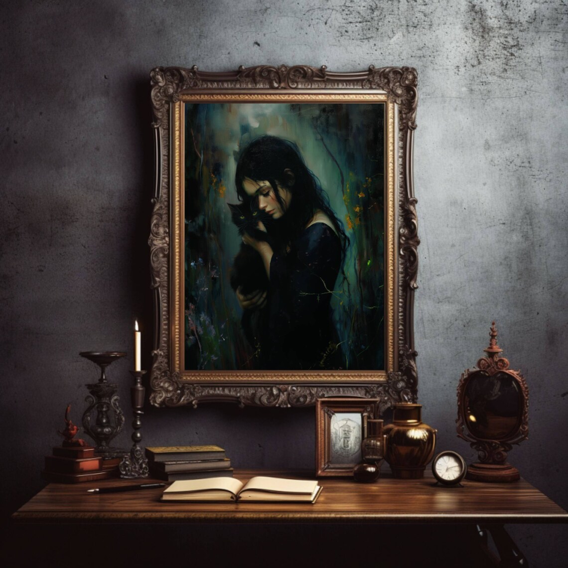 Dark Haired Girl Holding A Black Cat In A Forest Oil Art Poster - Image 2