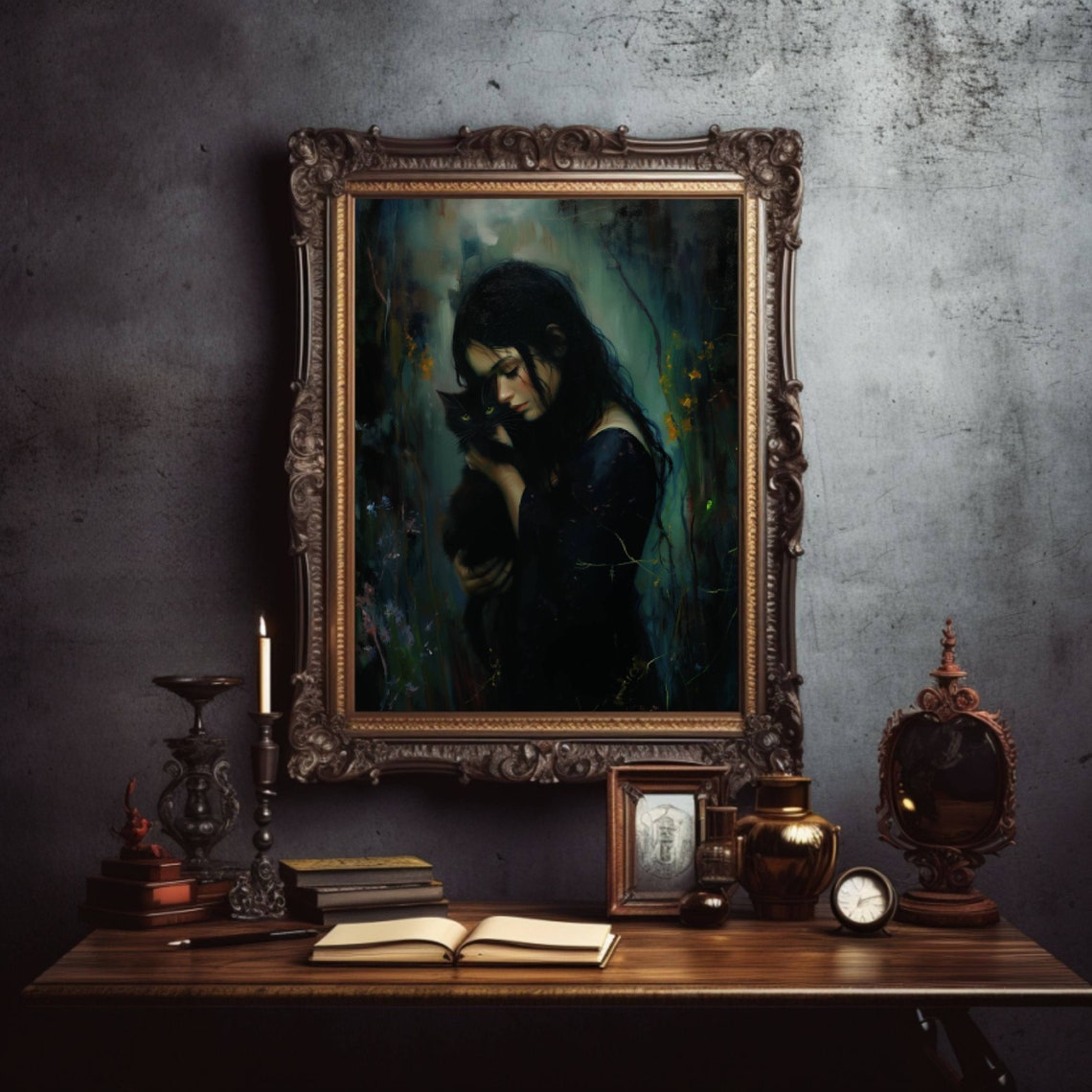 Girl With Black Cat Poster Dark Academia Art Moody Art Print Pretty Whimsigoth Wall Art Black Cat Lover Gift Unframed - Image 2