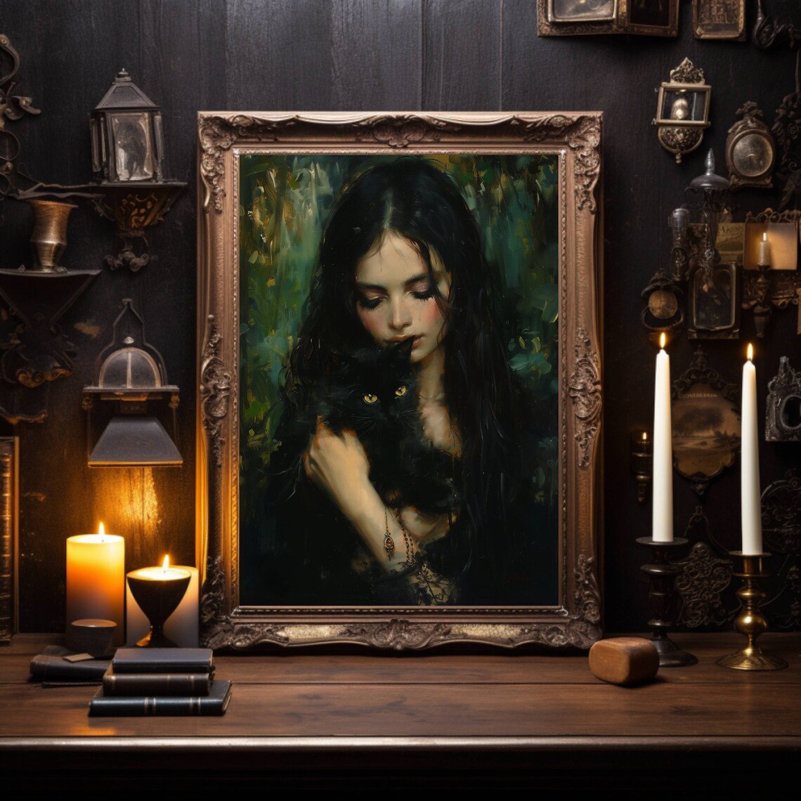Girl Nuzzling A Black Cat In A Moody Green Forest Oil Art Poster - Image 4