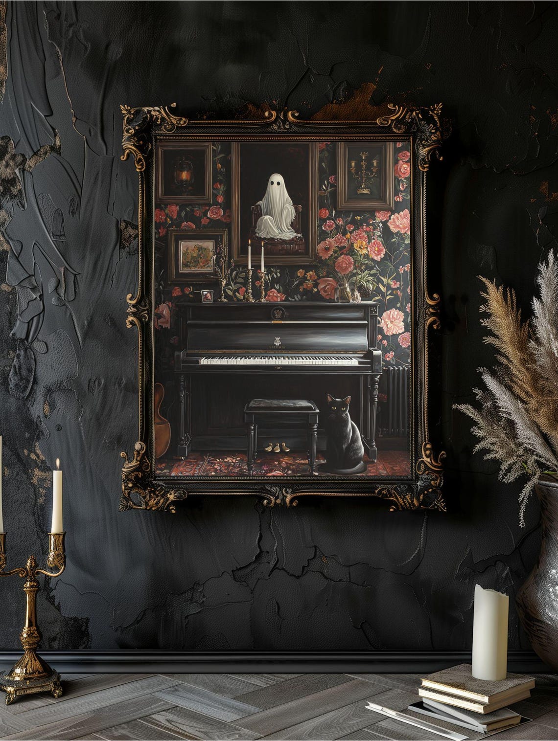 Black Cat by Upright Piano in Gothic Floral Parlor Whimsigoth Poster - Image 7