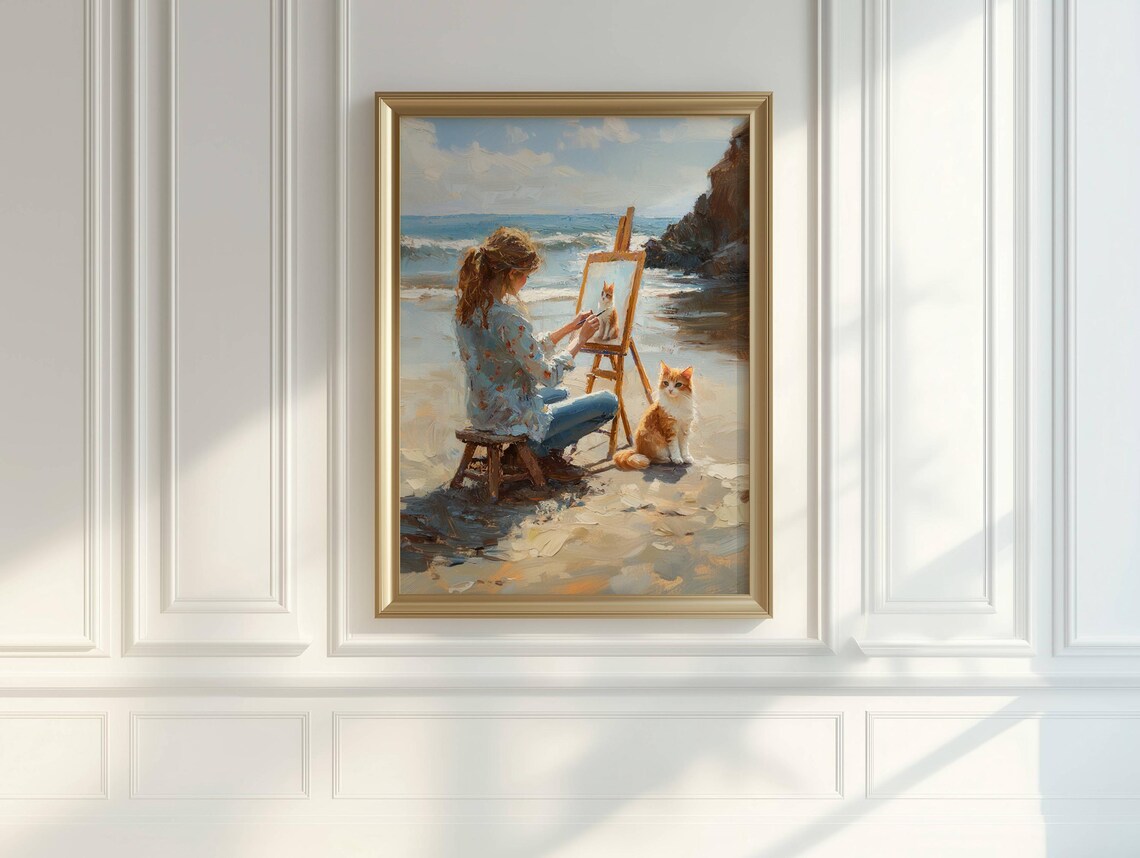 Woman Painting a Ginger Cat on a Sunny Beach Plein Air Art Poster - Image 4