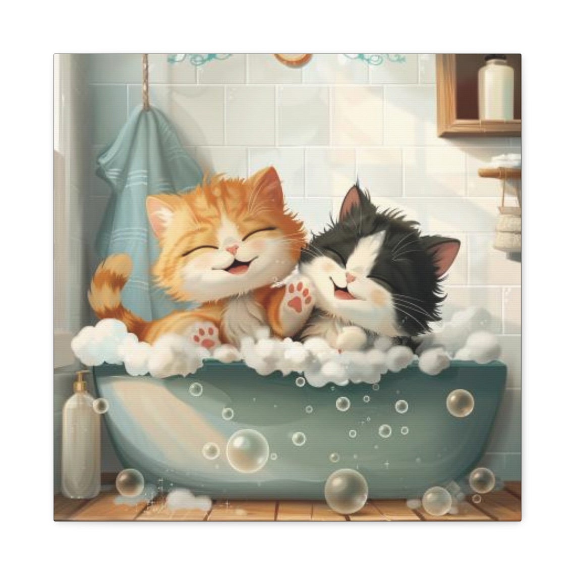 Two Happy Kittens Giggling Together in a Bubble Bath Cartoon Poster - Image 3