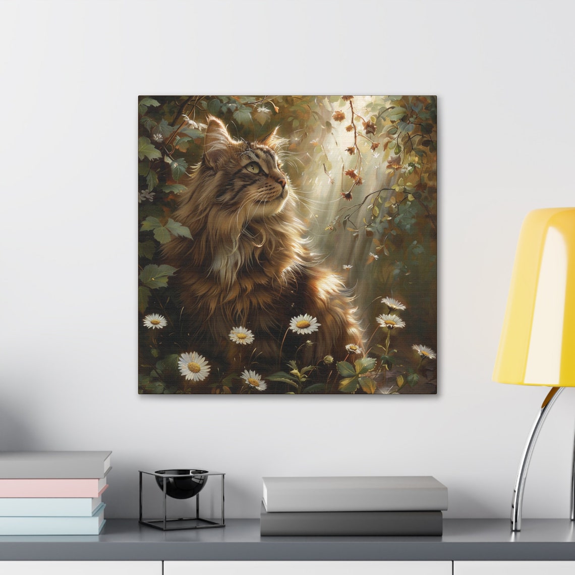 Long Haired Tabby Cat in a Sunlit Garden with Daisies Poster - Image 3