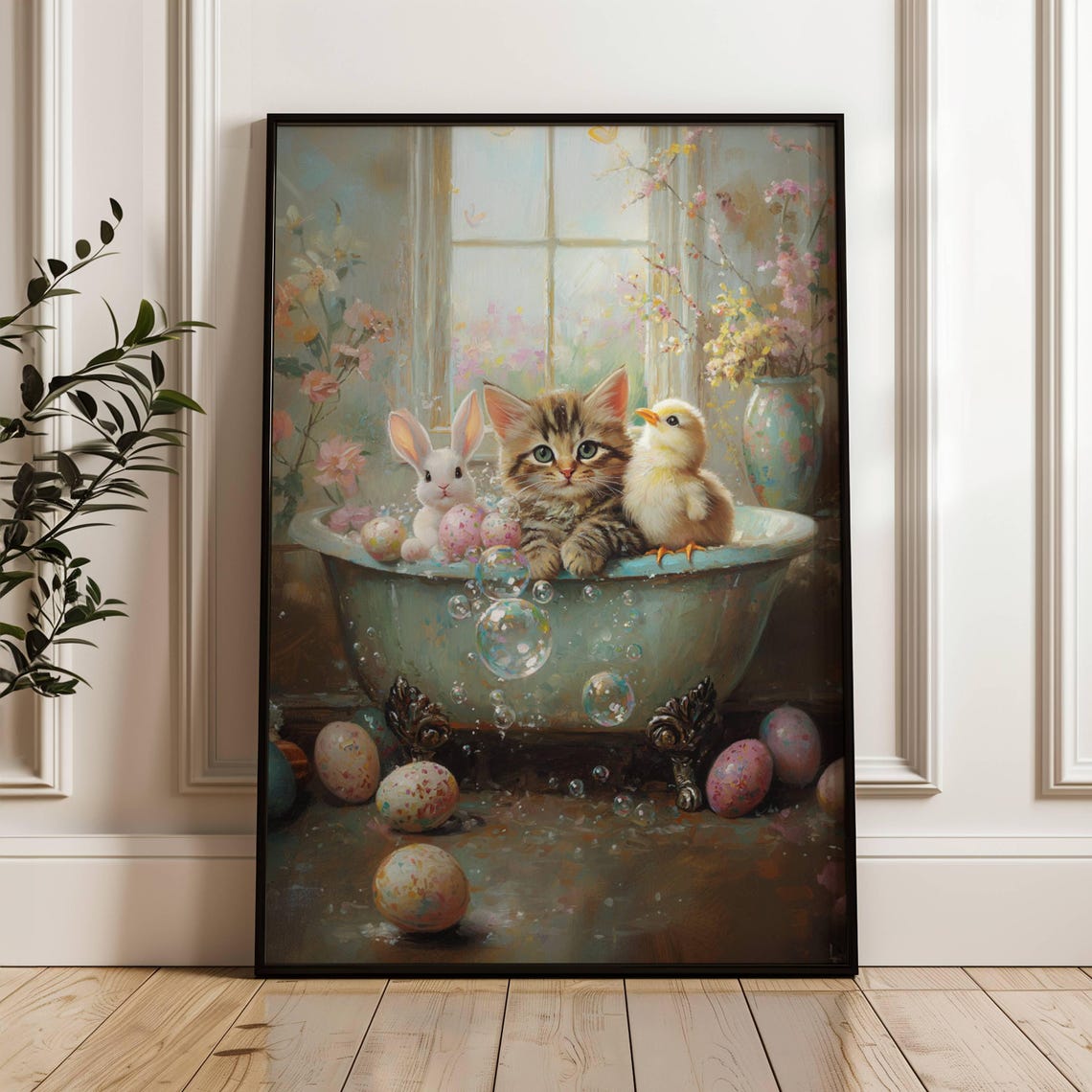Tabby Kitten Bunny and Chick in a Floral Easter Bubble Bath Poster - Image 5