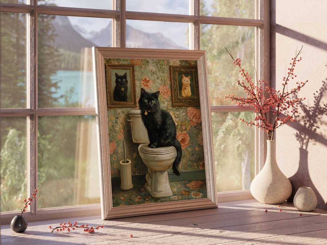 Black Cat Sitting on a Toilet in a Vintage Floral Bathroom Poster - Image 2