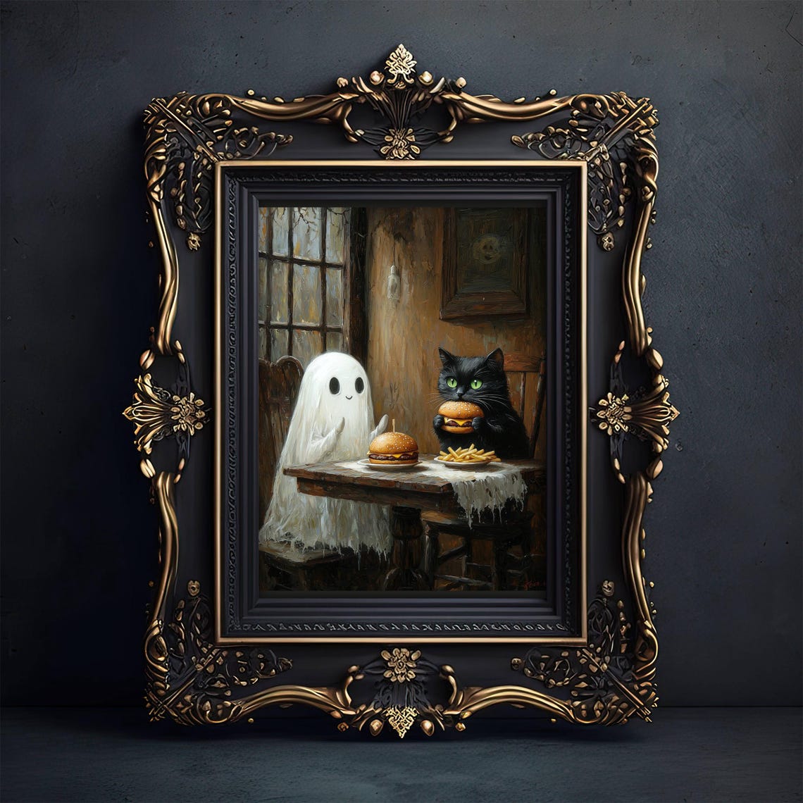 Ghost and Black Cat Eating Cheeseburgers and Fries at a Table Poster - Image 5