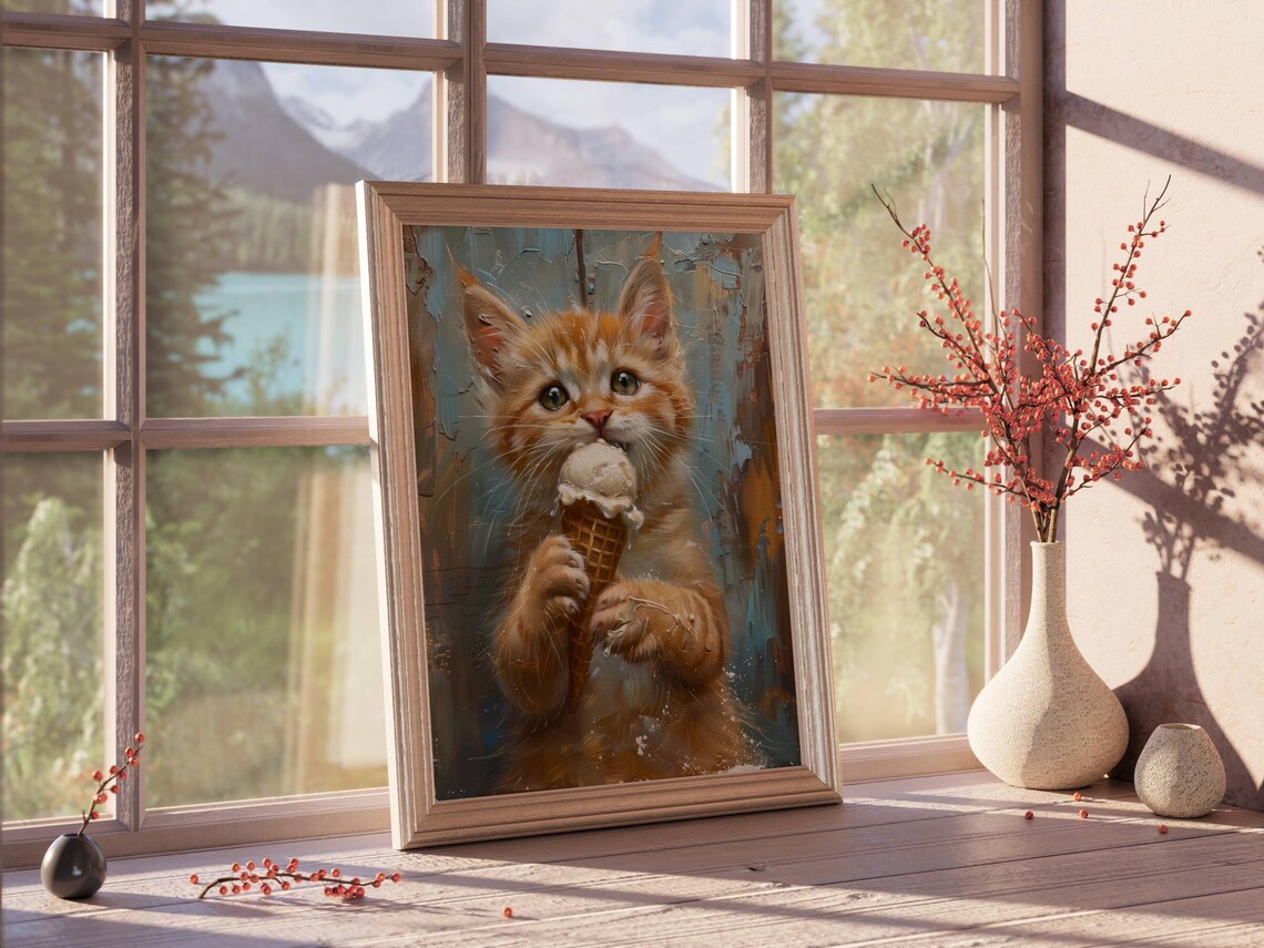 Orange Tabby Kitten Licking Ice Cream Cone Cute Kitten Portrait Poster - Image 2